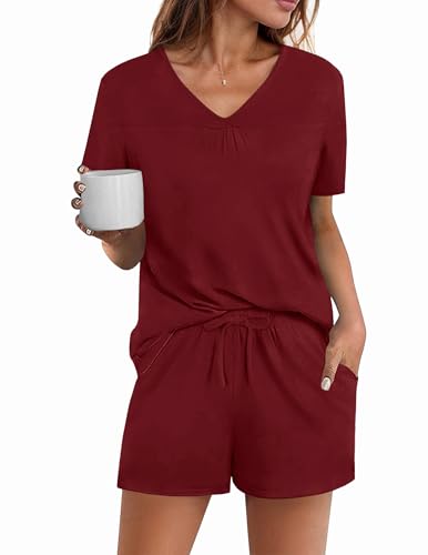 Avidlove Women's Shorts Pajama Set Short Sleeve Sleepwear Nightwear Pjs Dark Red M