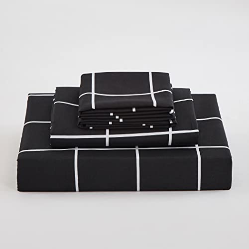 Lamejor Bed Sheet Set Twin Size Black Plaid/Grid Pattern Deep Pockets Easy Fit Hotel Luxury 4 Piece - 1 Flat Sheet, 1 Fitted Sheet, 2 Pillow Cases #TOP4