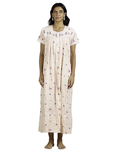 Image of 9shines Label Stylish Chikankari Cotton Nighty Maxi for Women | Full Length Nightgown | Nightdress with Pocket | Embroidery Nighty | Soft Comfortable Cotton Nightwear (1545)