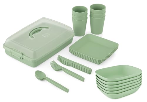 BH | 38-Piece Plastic Picnic Set | Green | Reusable | BPA Free | Ideal for Festival Camping and Party | 12 Pcs Plates | 6 Pcs - Glass Knives Forks Spoons and Storage Containers - by Best House