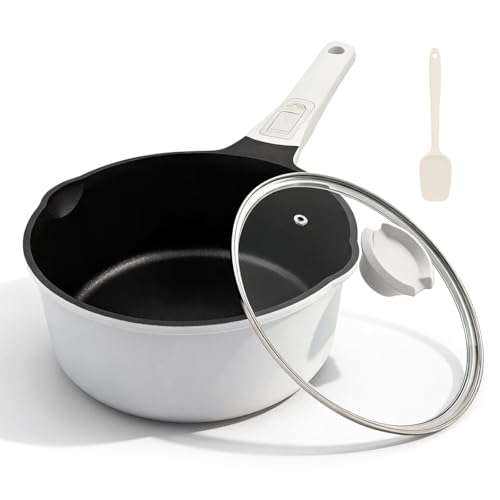 Kasserolle 20cm mit Deckel, 2.5L Antihaft-Stielkasserolle- Weiß-Schwarz – Ansicht 1