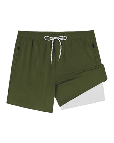 5Inch Mens Swim Trunks: 2 in 1 Compression Liner Quick Dry Stretchy Soft Lined for Beach Pool Sport Green