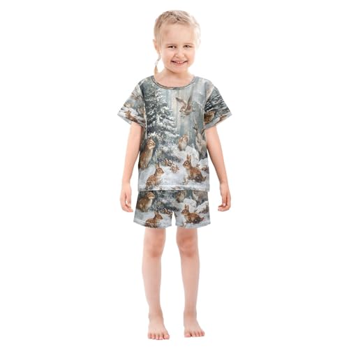 ALAZA Christmas Rabbit Bunny Deer Squirrel Pajamas Set Short Sleeve Cotton Sleepwear Summer Pjs 2 Piece 5-14Y3