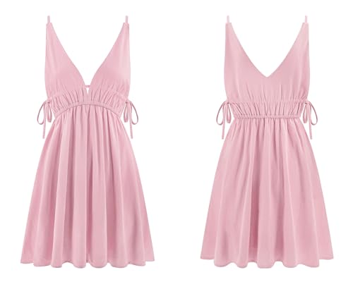 Image of R.Vivimos Boho Dresses for Women 2026 Summer Sleeveless Sexy Deep V Neck Elastic Waist Sides Drawstring Tie Casual Mini Dress