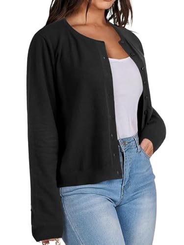 Image of LYANER Women's Striped Cardigan Crew Neck Button Down Open Front Long Sleeve Knit Cardigans Sweater