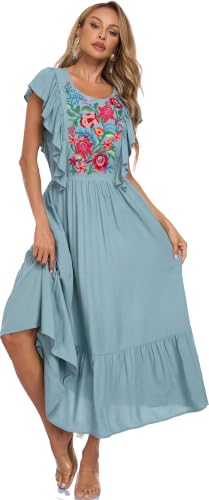 Image of Women's Summer Maxi Dress Casual Floral Embroidered Round Neck Short Sleeve Ruffle Tiered Dress Flowy Boho Beach Sundress