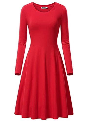 JIER Damen Langarm Rundhalsausschnitt Midikleid Langarm Skaterkleider Knielänge Rundhals Stretch Basic Kleider A-line Cotton Midi Dress Midikleid...