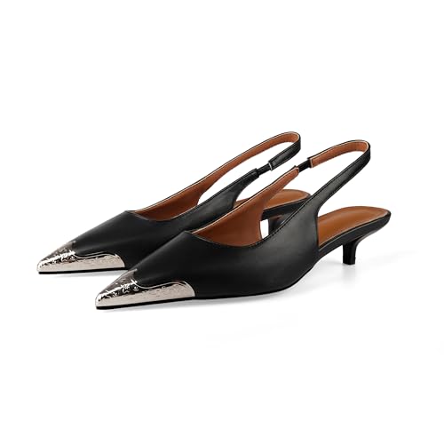 Women's Pointed Toe Slingback Heels Etched Steel Toe Heeled Sandals Slip On Kitten Heels Dress Party Dress Pumps