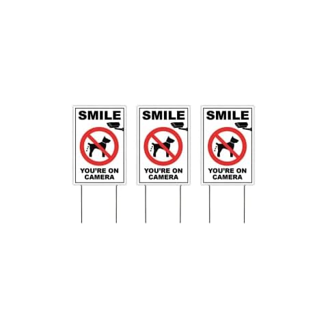 3 Pack 8x12 Inch Smile Your on Camera Signs with Stake - No Tresspassing. Private Property Video Surveillance Home Security Yard Sign - Warning Signs for Property - No Dog Poop Signs off Lawn Outdoor Cover