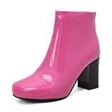  Renessmi Mode Cuir Verni Femme Bottes de Cheville Bout Carré Blcok Heel Talons Hauts Large Fit Concise Back Zippées Robe Bottines Footwear Rose Taille 48 EU-50 Cn