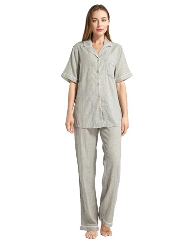 Image of Womens Muslin Pajama Set 100% Cotton Double Gauze Linen Like | Breathable Soft Comfort Button Up Loungewear Sleepwear PJ Set