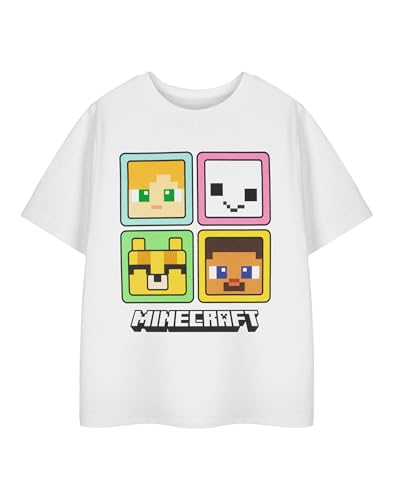 Minecraft Mädchen-Grafik-T-Shirt | Weißes mehrfarbiges Steve Alex Creeper Enderman Hemd | Klassisches Spielthema Top | Lässiges Gaming-T-Shirt zum Überziehen mit Rundhalsausschnitt und kurzen Ärmeln