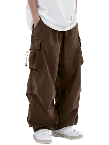 PLEPAN Mens Parachute Pants Loose Fit Baggy Cargo Pants Elastic Waist Drawstring Casual Streetwear Y2k Sweatpants with Pockets, Dark Brown, XL(US 38)