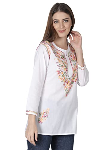 Image of Seva Chikan Hand Embroidered Lucknowi Chikankari Cotton Short Kurti Tunic Top for Women SCL4076