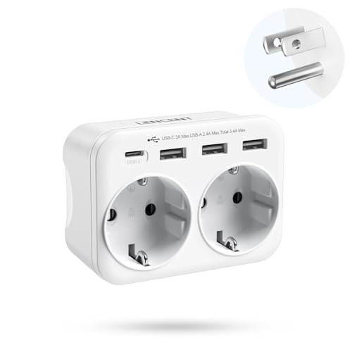 LENCENT Reseadapter USA, tysk-kontakt, typ B nätadapter, resekontakt med USB-C & USB-A-portar, dubbel EU-Schuko till USA för American, Mexiko, Kanada, Thailand, Costa Rica