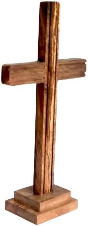 Miniatura 3 de TheNext7 Decoración de cruz santa de pie de madera con soporte base, cruz de pared católica de Jesucristo para decoración del hogar, cruz de mesa de