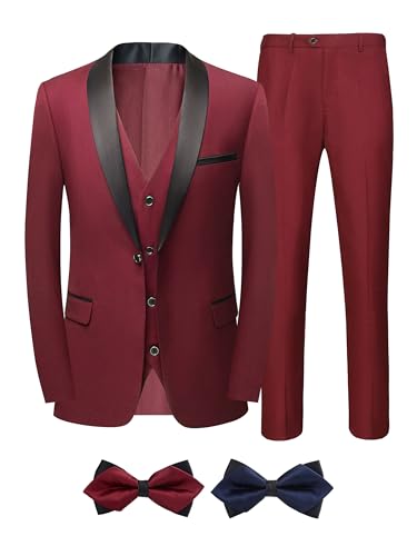 Men Suits Slim Fit 3 Pieces Sets Tuxedo Blazer Vest Pants Shawl Lapel Bow Ties for Prom Party Wedding Business Dinner