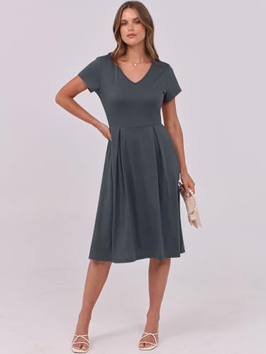 Image of ANRABESS Women Summer Dress Casual Short Sleeve V Neck A-Line Knee Length Pleated Flowy 2026 Fashion Midi Dresses with Pocket