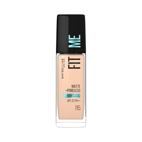 Maybelline New York Liquid Foundation For All Skin Type,Full Matte Finish, With SPF, Absorbs Oil, Fit Me Matte + Poreless, 115 Ivory, 30ml