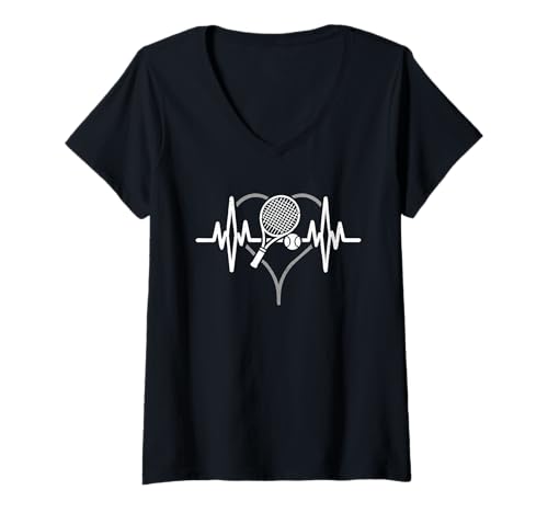 Damen Heartbeat Tennis Heartline Pulse Sportspiel für Spieler T-Shirt mit V-Ausschnitt