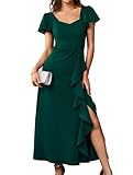 Womens Long Semi Formal Cocktail Dresses Square Neck Split Elegant Evening Party Gowns Ruffle Wedding Guest Dress Emerald Green