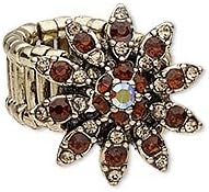 Brown Topaz/Champagne Flower Rhinestone Brass Pewter Stretch Ring