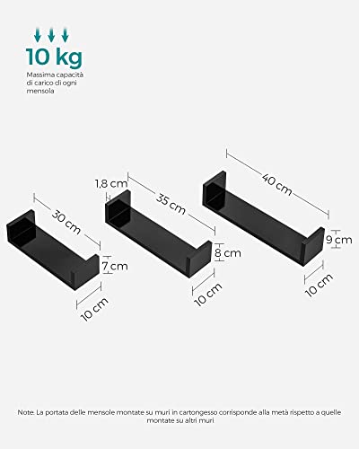 SONGMICS Muro, Set da 3, Parete, 30/35/40 cm, Mensole Decorative, Portata di 10 kg, per Soggiorno Studio Bagno Cucina, Nero Lucido LWS40BK, Legno ingegnerizzato, 10 x 30/35/40 x 7/8/9 cm (P x L x A) - Immagine 2
