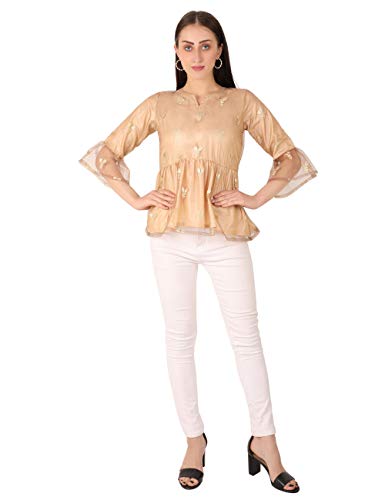 Image of UNFAKENOW Women Trendy Indo Western Casual wear Stylish Going Out Peplum Cotton top Ladies Floral Print Ruffled Plus Size Party net Tunic Long Bell Sleeve Pleated Fancy Nice top