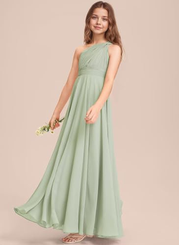 dideyttawl Junior Bridesmaid Dresses Chiffon A-Line Long Flower Girls Dress One Shoulder Pleated Gown for 4-16 25024
