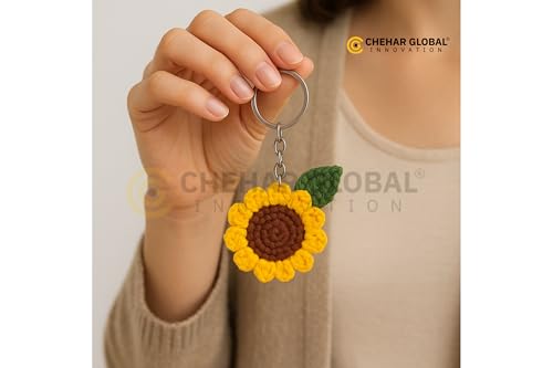 Image of JCGI Handmade Crochet Sunflower Keychain Decorative Cute Bag Purse Keyrings Charm Love Stylish Lightweight Motorbike Car Unique Personalized Keychain Girlfriend Sister Gift Travel Accessories
