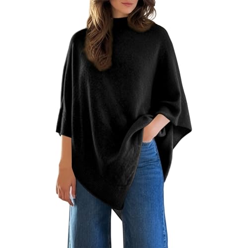 JiXiang Poncho Sweater Women Mock Neck Batwing Sleeve Fall Trendy Casual Knit Pullover Irregular Hem Elegant Cape Wrap Tops - image 2