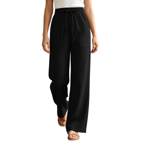 Pantalon Palazzo confortable à taille élastique en tissu fluide uni
