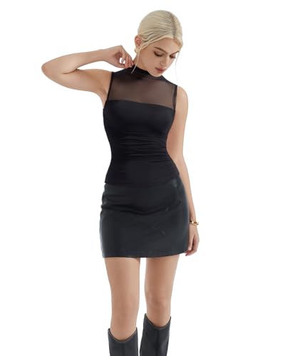 SUUKSESS Women Sexy Mesh Sheer Crop Tank Tops Sleeveless Ruched Going Out Tops4