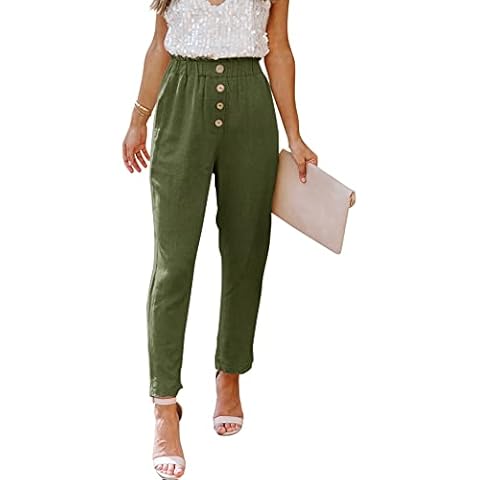 NIMIN Women's Casual High Elastic Waist Pants with Pockets Solid Chic Pants Loose Summer Beach Pants with Button Army Green Small Cover
