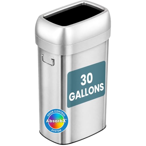 Image of iTouchless 30 Gallon 114L Oval Open Top Stainless Steel Extra-Large Commercial Trash Can with Wheels, 2 AbsorbX Odor Filters | ADA Compliant Bin for Restaurant Restroom Hotel Office Healthcare Retail
