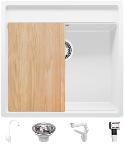 Fregadero bajo Encimera Blanco 56x53cm, Fregadero Granito 1 Seno + Sifón + Grifo + Tabla de cortar, Fregadero Cocina al mueble 60cm - Bergen Low Cut de Primagran