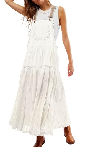 Image of CHARTOU Women Bib Overall Dress Jumper Babydoll Pinafore Dress Embroidered Lace Maternity Straps Suspender Dress