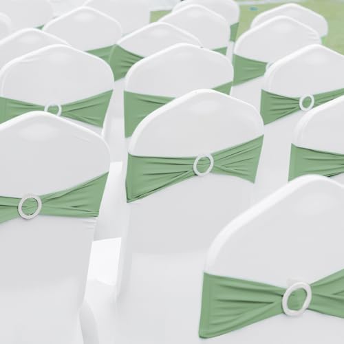 Tegeme 80 Pieces Chair Sashes & Bows - Stretch Spandex Chair Cover Band with Buckle for Wedding, Hotel Banquet, Birthday Party & Home Bulk Decorations(Sage Green) - Thumbnail 4