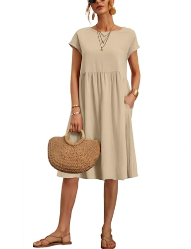 Image of LARMLISS Baggy Crew Neck Dress for Women Summer Casual Comfy Cotton Short Sleeve Tunic Beach Midi Dresses with Pockets