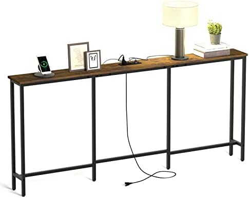 JT Furniture Narrow Entryway Table with Power Outlet and USB Port, 70 Inch Extra Long Narrow Console Table with Charging Station, Skinny Sofa Table, Behind Couch Table for Living Room Entryway Foye