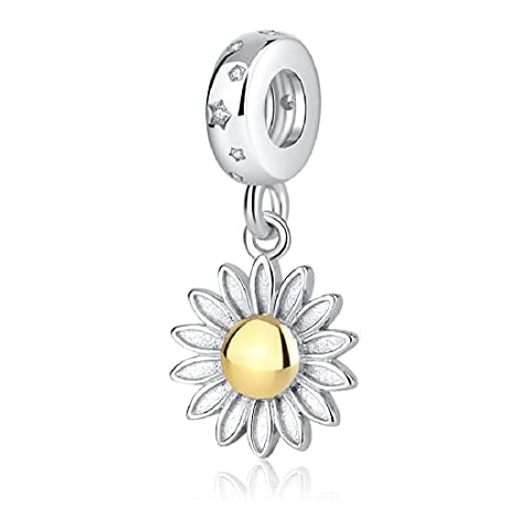 FeatherWish Daisy Flower Star Pendant Dangle Charm 925 Sterling Silver With Gold Plating Compatible With Pandora Bracelet European 3mm Charm Bracelets And Necklace Cover