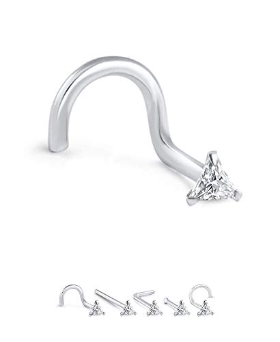 14K Solid White Gold Left Nose Screw Ring Triangle Cz 18G #TOP1