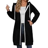 Generisch Schwarz Sweatjacke Damen Hoodie mit Kapuze Lang Fleecejacke Herbst Winter Übergangsjacke Casual Einfarbig Kapuzenjacke Locker Kapuzenpullover mit Reißverschluss und Taschen S-3XL