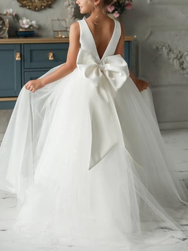 White Kids Flower Girl Dresses for Wedding Girls 7-16 4t Little Fall Bow-Knot Satin Tulle2