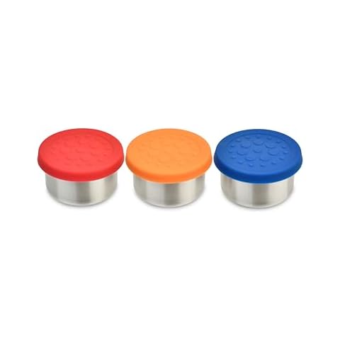 LunchBots Tiny Dips Condiment Containers - Set of 3 - Perfect Portion Cups - Spill Proof Lunch Box Sauce Container with Lid - Food Grade Stainless Steel - 1.5oz - Dishwasher Safe - Assorted Lids Cover