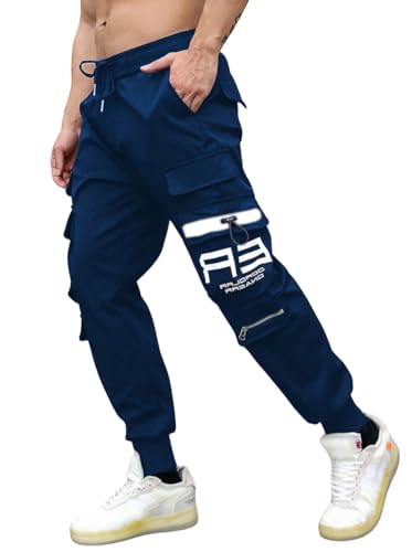 Image of Kraasa Men Printed Cotton Blend Slim Fit Regular Cargo Joggers