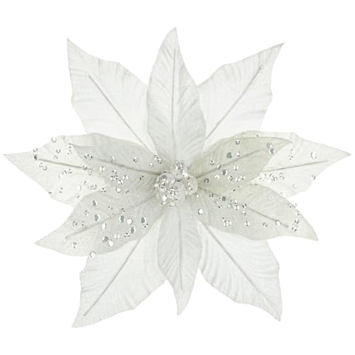 Briful 11 Large Heads Christmas Glitter Poinsettia Flowers Christmas Ornaments Set of 4 Artificial Flowers with Long Picks Stems for Xmas Tree Party DIY Holiday Decorations White