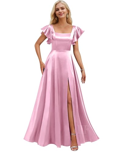 Image of IIF Short Sleeve Bridesmaid Dresses with Pockets Square Neck A-Line Satin Prom Gown Dress for Women with Slit IIF134