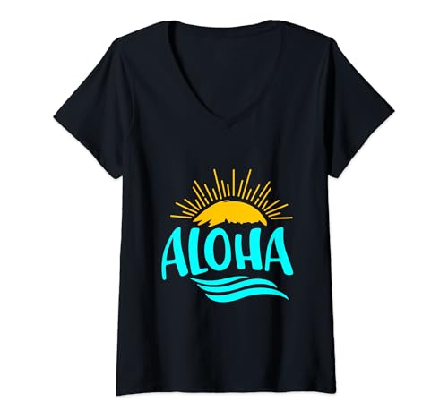Donna Aloha Hawaii Beach Surfing Island Vacanze Surfer Surf Regalo Maglietta con Collo a V
