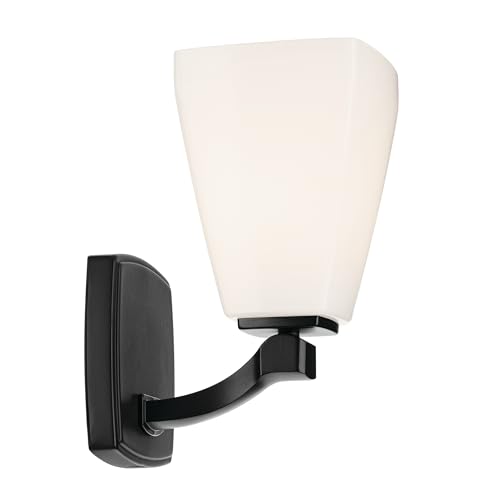 Image of Kichler Marant 5 inch 1-Light Wall Sconce Bathroom Vanity Light Fixture with Opal Glass in Black for Bathroom, Powder Room, Hallway, Fireplace (5 inch W x 9.5 inch H), 55214BK